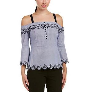 YYIGAL Cold Shoulder Pinstriped Embroidered Blouse